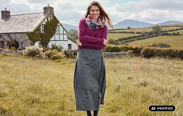 Frau trägt Outfit mit langem Kiltrock