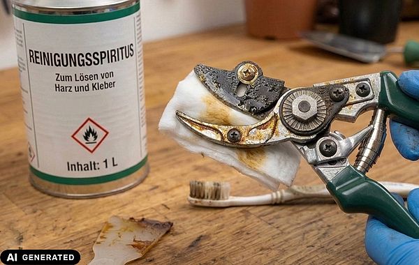 Verklebte Gartenschere reinigen Gartenschere wird mit Reinigungsalkohol von Harz befreit