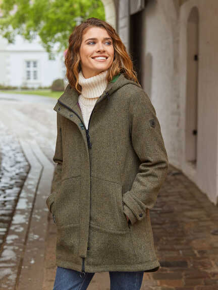 Tweed-Parka mit Fischgratmuster