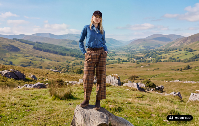 Frau steht auf Baumstamm mit Highlands im Hintergrund