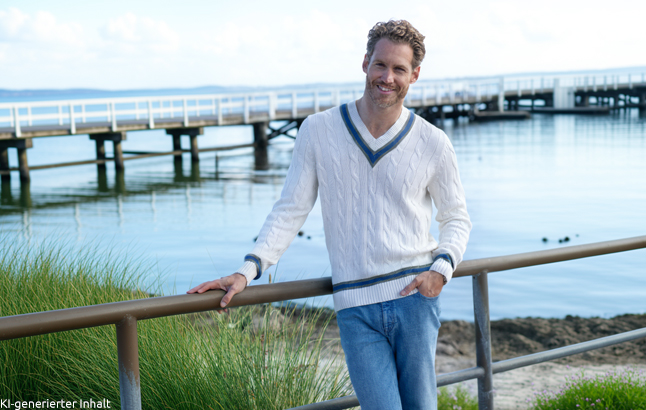 Mann am Meer trägt Cable Knit Pullover von Alan Paine