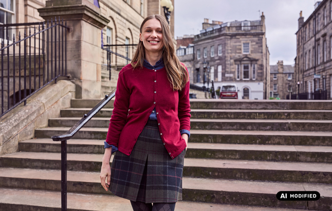 Frau im roten Cardigan vor Treppe in Edinburgh