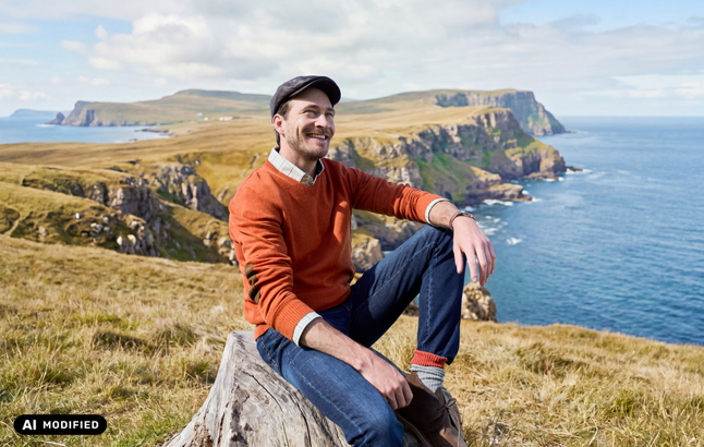 Mann im Pulli an Steilküste