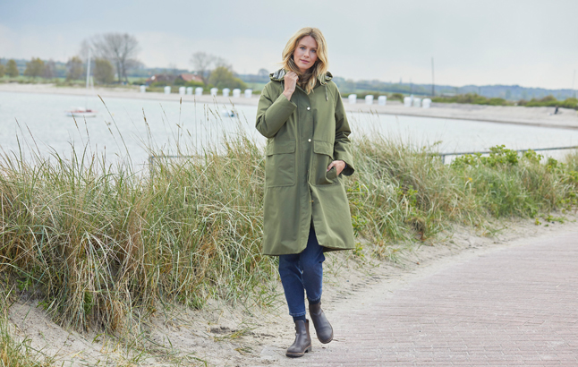 Frau am Meer in Regenparka