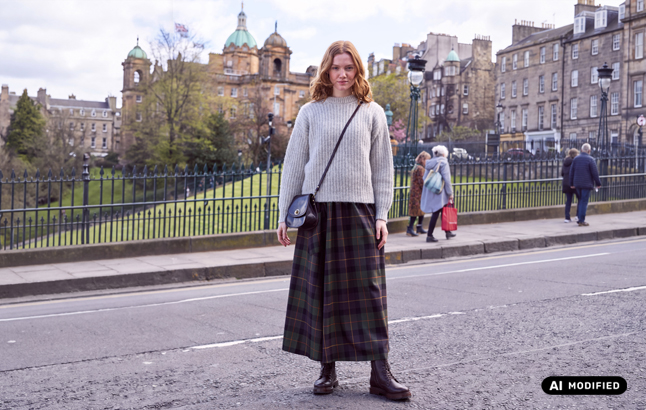 Frau im Schottischen Outfit vor Park in Edinburgh