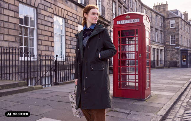Frau im Wintermantel vor Stadtansicht Edinburgh
