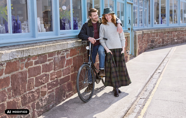 Paar in Brit Style Kleidung mit Fahrrad