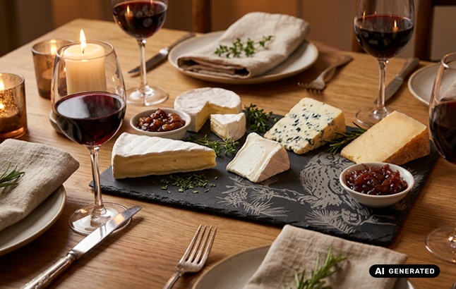 Elegant gedeckter Tisch mit Käse und Chutney  auf Schieferplatte