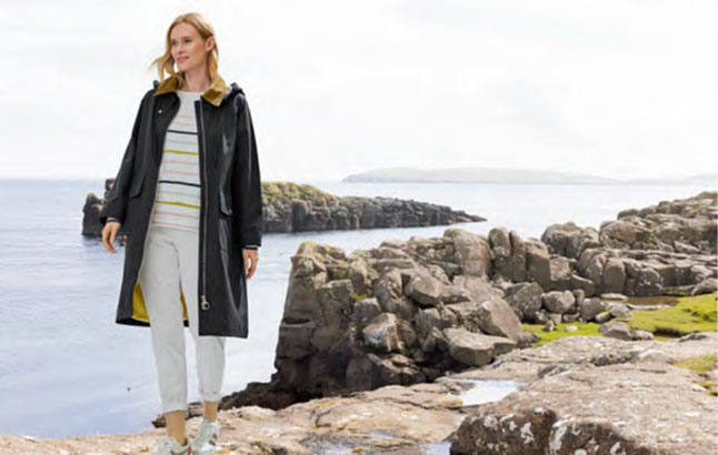 Frau am Meer mit Regenmantel