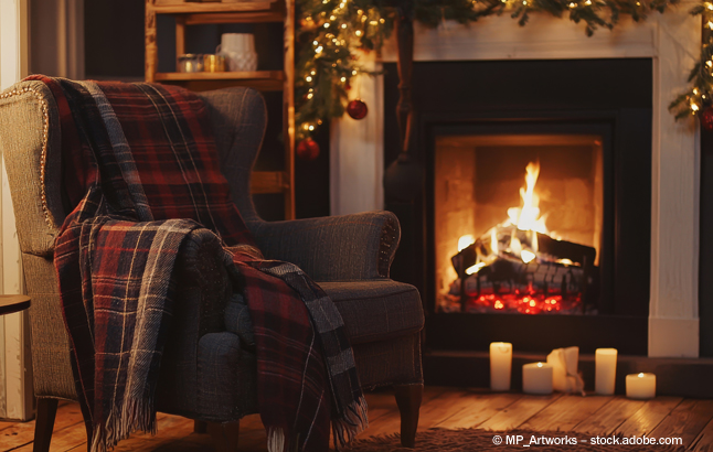 Kamin mit Ohrensessel und Tartan Plaid