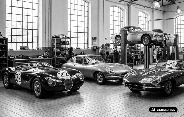Klassische englische Oldtimer in Autowerkstatt