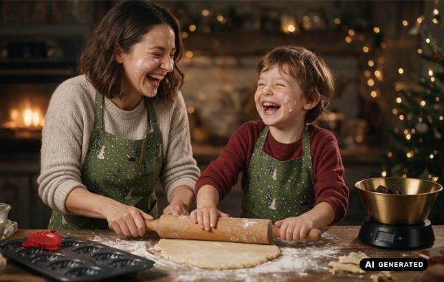 Mutter mit Kind hat Spaß beim Keksebacken