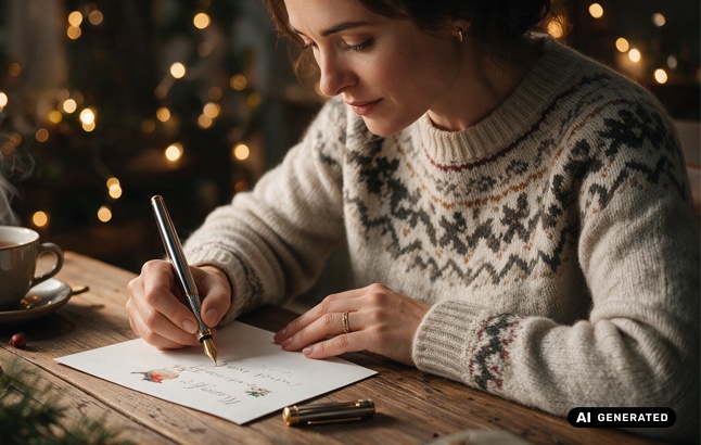 Frau im Weihnachtssweater schreibt Grußkarte